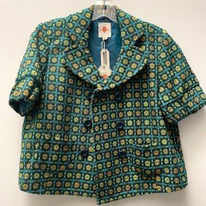 Tulle Green and Yellow Double-Breasted Cropped Blazer